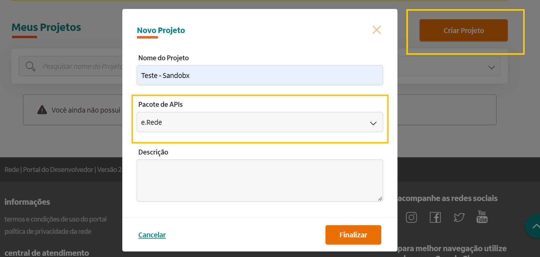 Simulação tela novo projeto